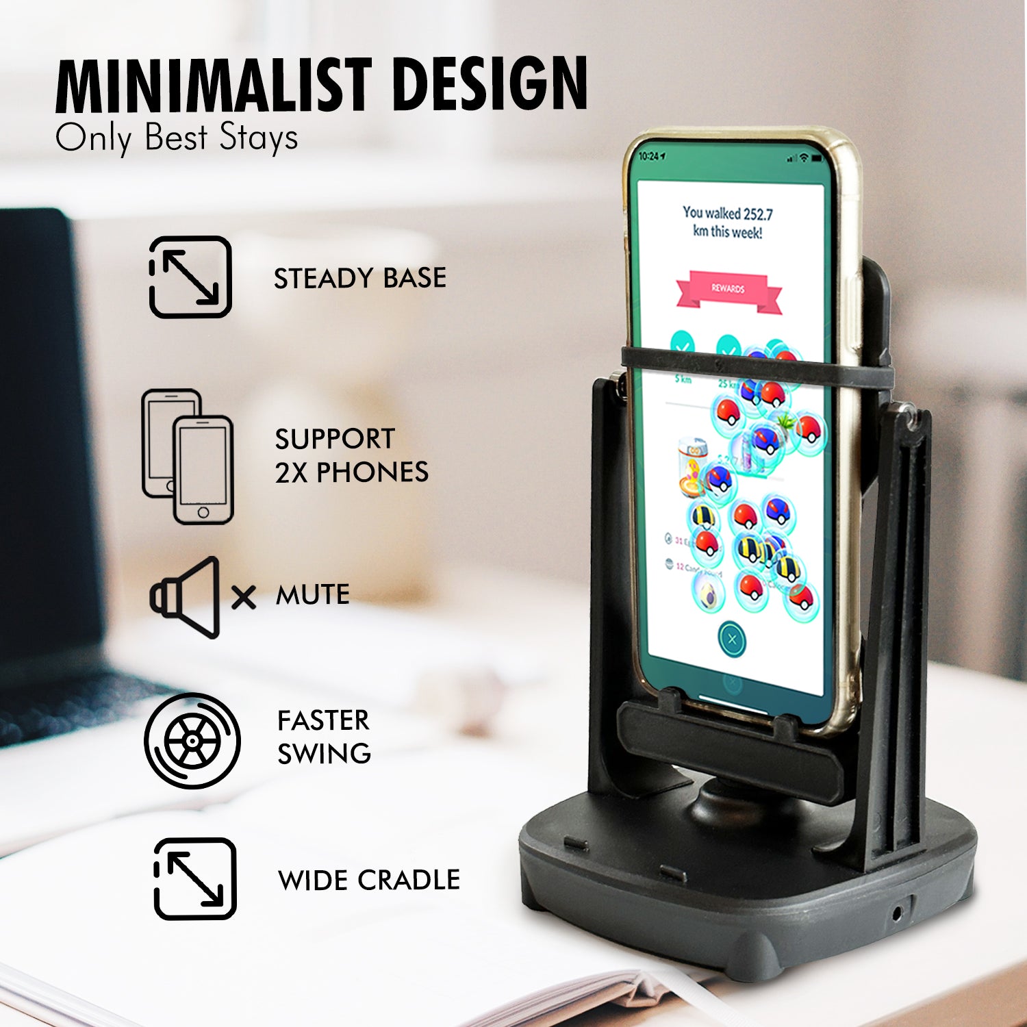 Soler Phone Swing Phone Rocker supports two phones with ball bearing connection.